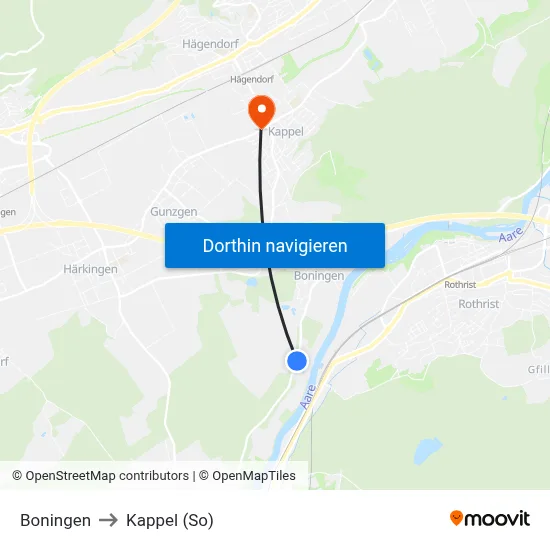 Boningen to Kappel (So) map