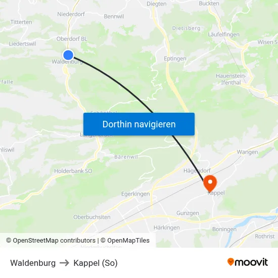 Waldenburg to Kappel (So) map