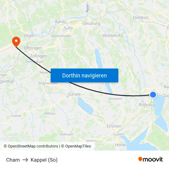 Cham to Kappel (So) map