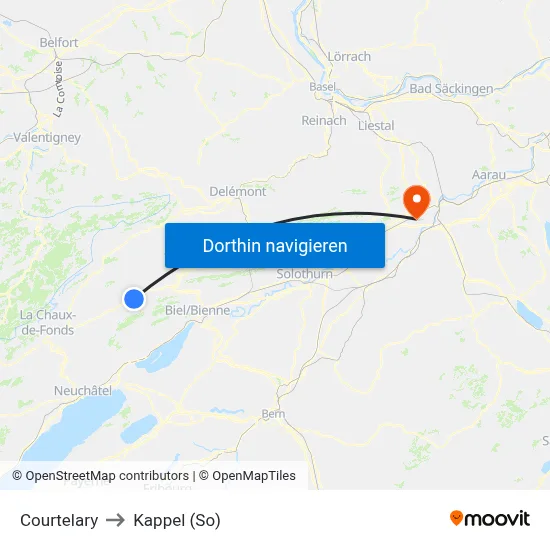 Courtelary to Kappel (So) map