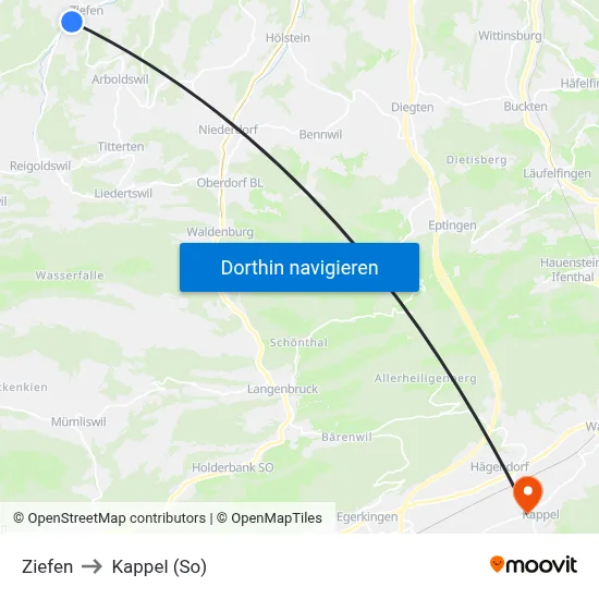Ziefen to Kappel (So) map