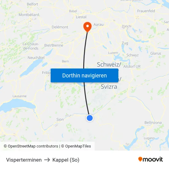 Visperterminen to Kappel (So) map