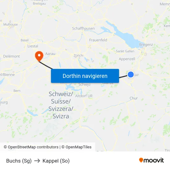 Buchs (Sg) to Kappel (So) map