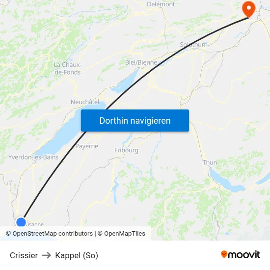 Crissier to Kappel (So) map