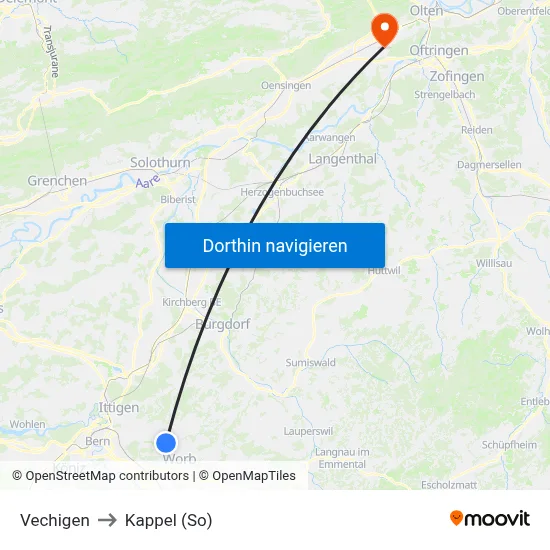 Vechigen to Kappel (So) map