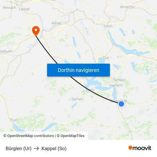 Bürglen (Ur) to Kappel (So) map