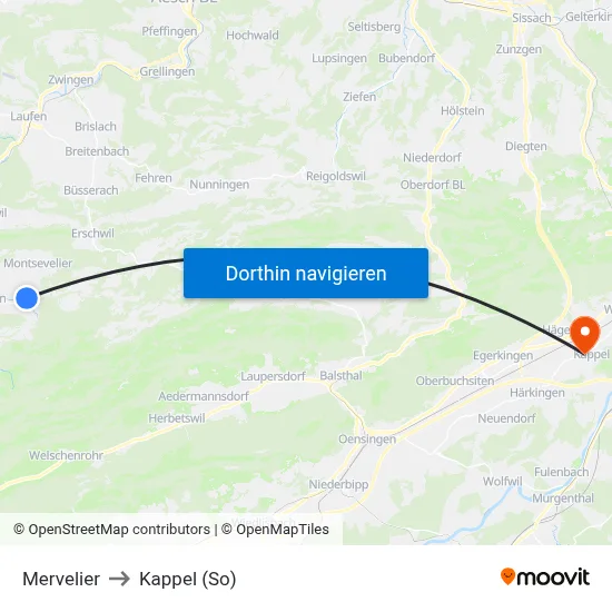 Mervelier to Kappel (So) map