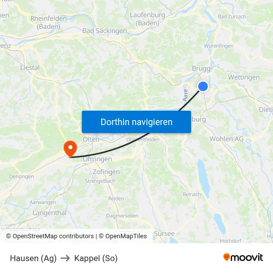 Hausen (Ag) to Kappel (So) map