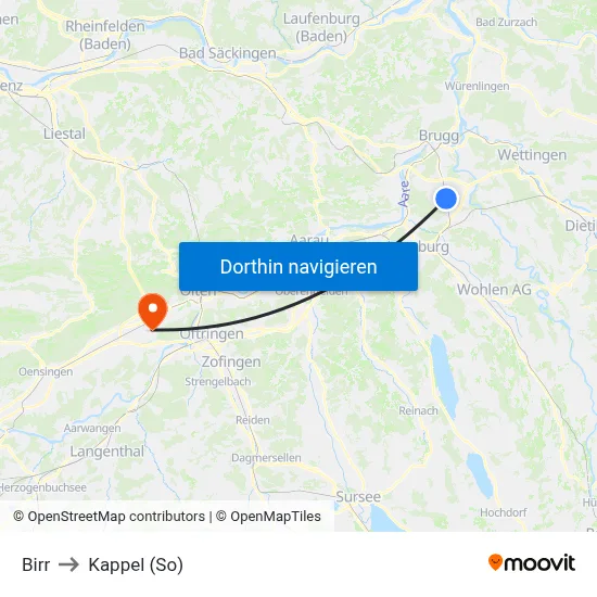 Birr to Kappel (So) map
