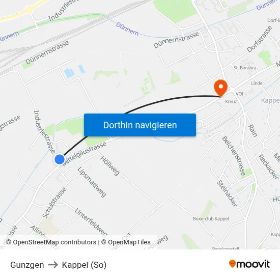 Gunzgen to Kappel (So) map