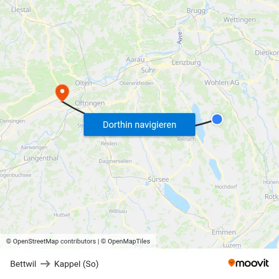 Bettwil to Kappel (So) map