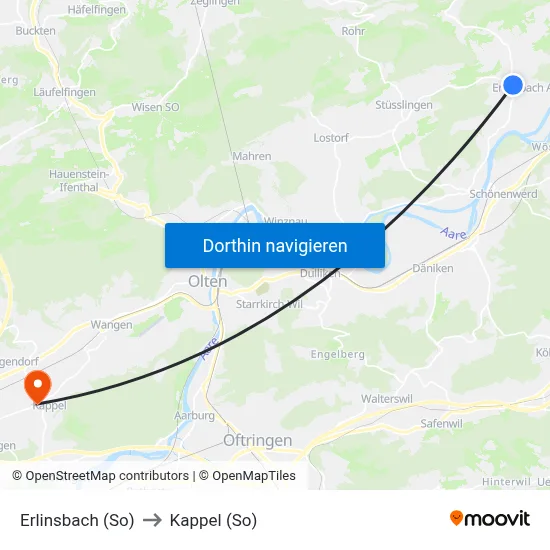 Erlinsbach (So) to Kappel (So) map