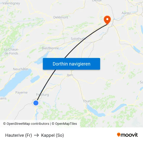 Hauterive (Fr) to Kappel (So) map