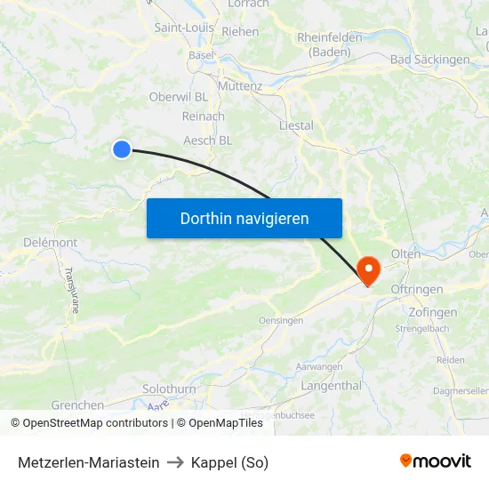 Metzerlen-Mariastein to Kappel (So) map