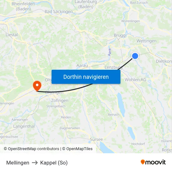 Mellingen to Kappel (So) map