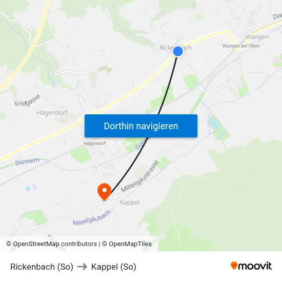 Rickenbach (So) to Kappel (So) map