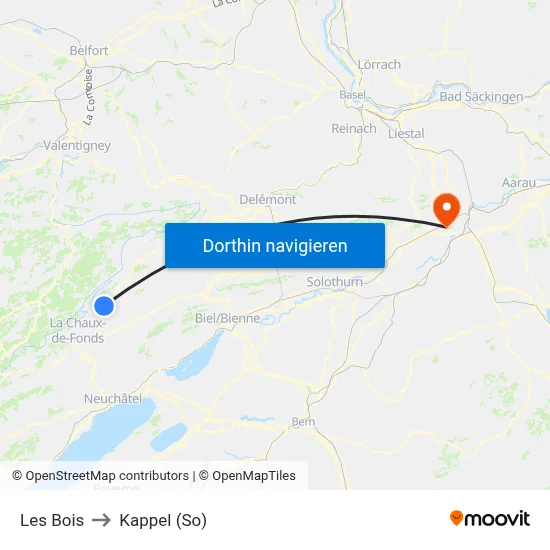 Les Bois to Kappel (So) map