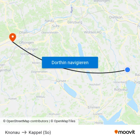Knonau to Kappel (So) map
