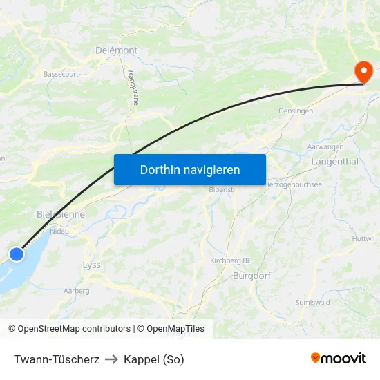 Twann-Tüscherz to Kappel (So) map