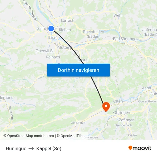 Huningue to Kappel (So) map
