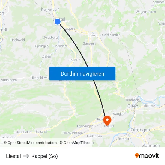 Liestal to Kappel (So) map
