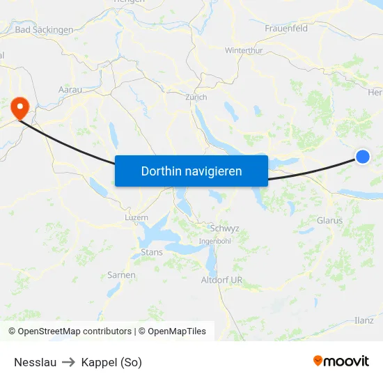 Nesslau to Kappel (So) map