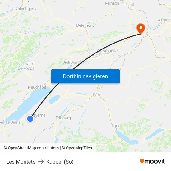 Les Montets to Kappel (So) map