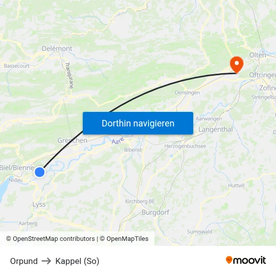 Orpund to Kappel (So) map