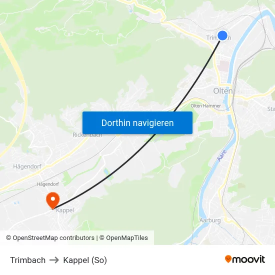 Trimbach to Kappel (So) map