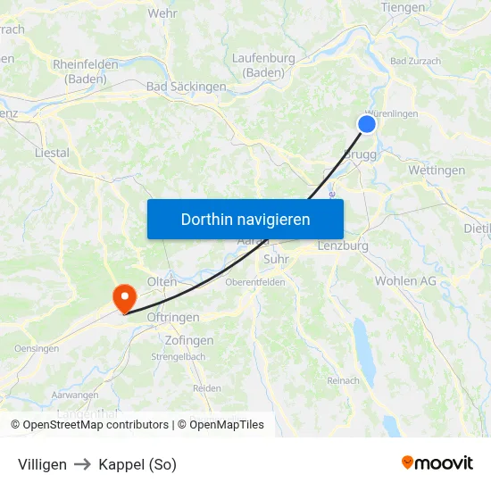 Villigen to Kappel (So) map