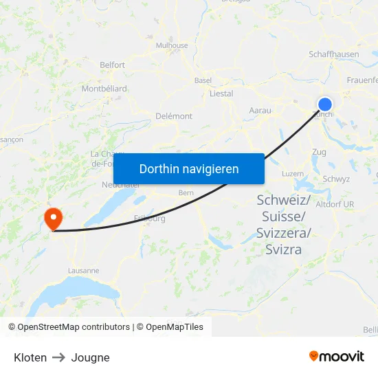 Kloten to Jougne map