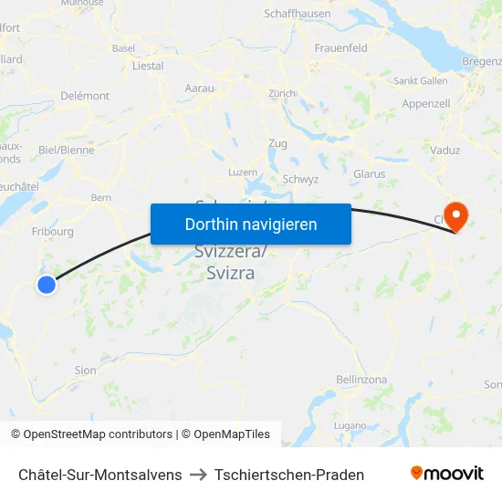 Châtel-Sur-Montsalvens to Tschiertschen-Praden map
