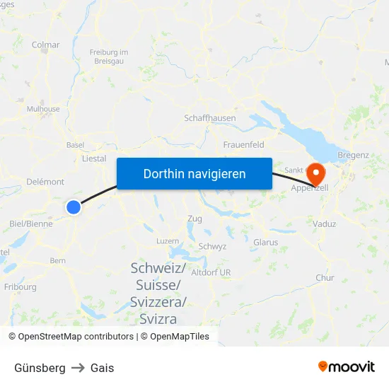 Günsberg to Gais map