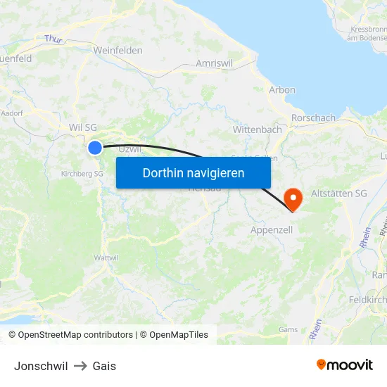 Jonschwil to Gais map