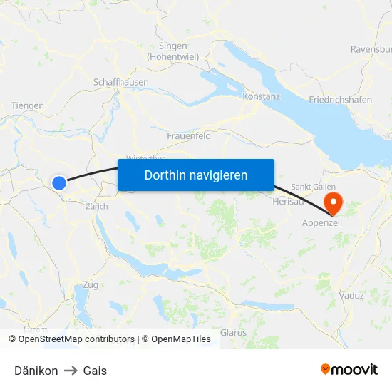 Dänikon to Gais map