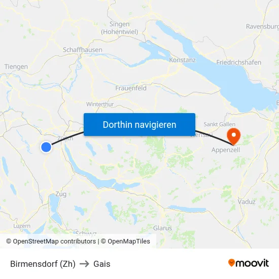 Birmensdorf (Zh) to Gais map