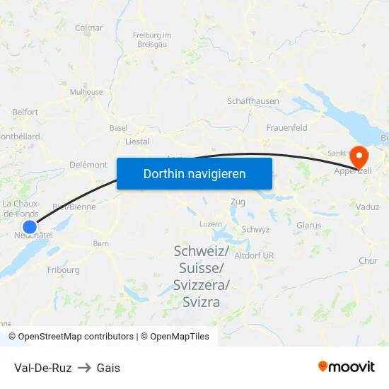 Val-De-Ruz to Gais map