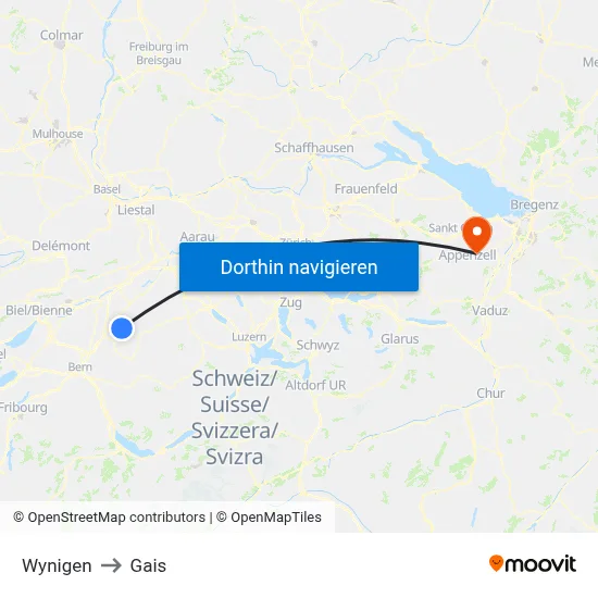 Wynigen to Gais map