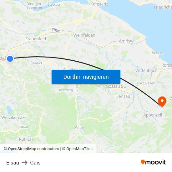 Elsau to Gais map