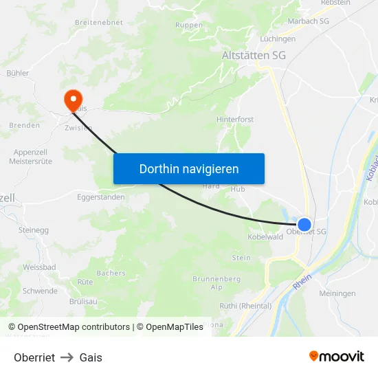 Oberriet to Gais map