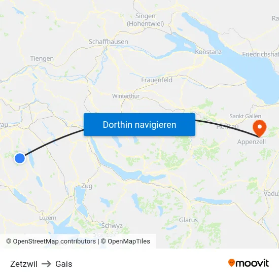 Zetzwil to Gais map