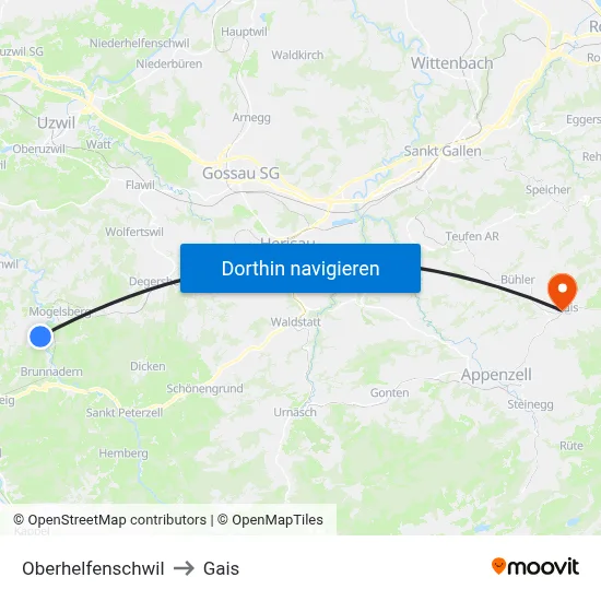 Oberhelfenschwil to Gais map