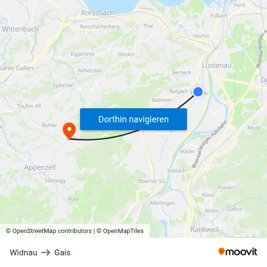 Widnau to Gais map