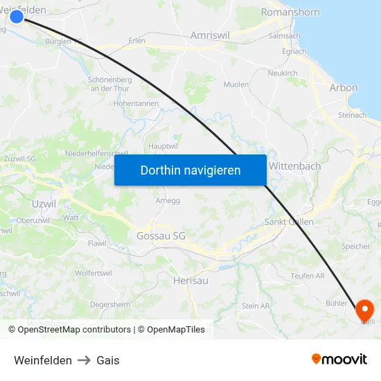Weinfelden to Gais map