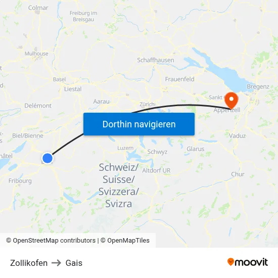 Zollikofen to Gais map