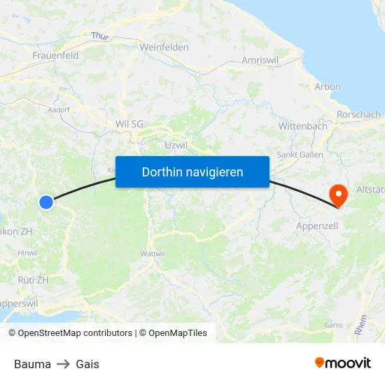 Bauma to Gais map