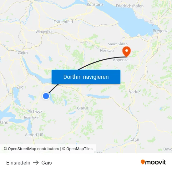 Einsiedeln to Gais map