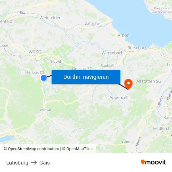 Lütisburg to Gais map