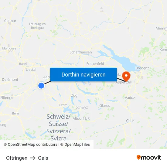Oftringen to Gais map