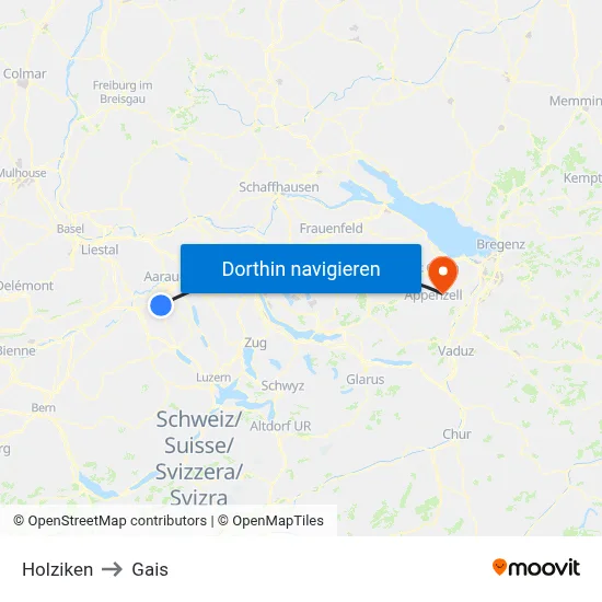 Holziken to Gais map